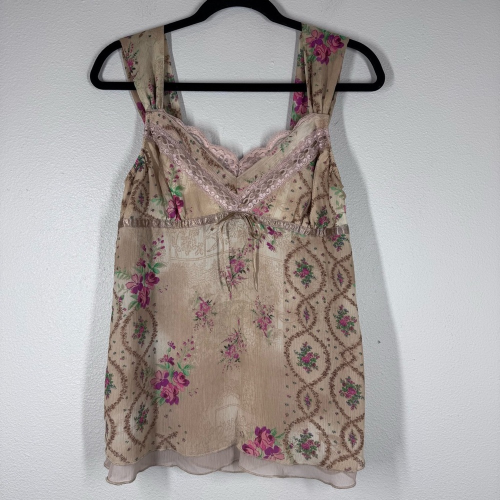 Vintage Y2K Apt 9 Babydoll Top Brown Floral Lace Fairy Top Milkmaid Cottage Med